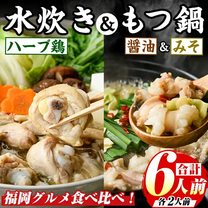 博多名物！鶏水炊き&もつ鍋2種≪醤油味・みそ味≫満腹食べ比べ(計6人前・各2人前) 福岡 鶏肉 鳥肉 お肉 肉 水炊き みずたき もつ もつ鍋 ホルモン 牛 鍋 鍋セット セット 醤油 しょうゆ 味噌 みそ 鶏もも 骨付き もみじおろし ポン酢 米麺【マル五】as06-048
