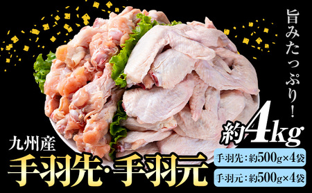 九州産 手羽先(約500g×4袋)・手羽元セット(約500g×4袋) 合計約4kg《30日以内に出荷予定(土日祝除く)》