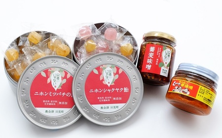 【只者じゃない】ニホンミツバチの飴：ニホンシャクヤク飴：蕎麦味噌：辛味噌のセット お菓子 あめ みそ 加工食品 