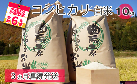 【中野米店】令和6年　只見産　コシヒカリ　白米　10kg　3ヵ月連続発送（合計30kg） お米 ライス ご飯 主食 自然首都 おにぎり お弁当 福島県産 ユネスコエコパーク 精米 3回 お届け 