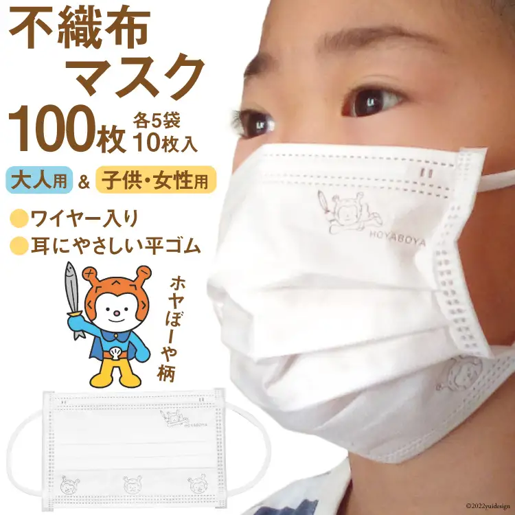 【ホヤぼーやマスク】 不織布マスク 大人用 女性用 子供用 計100枚 10枚入 ×各5袋 