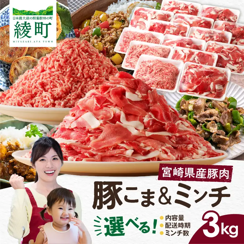 宮崎県 綾町産〈豚肉小間切れ&ミンチ セット 3kg〉 国産 ブランド豚 小分け 冷凍 豚こま 挽き肉 カレー そぼろ 肉団子 生姜焼き ハンバーグ 餃子 炒め物 おかず 弁当 人気 おすすめ_A0023-003