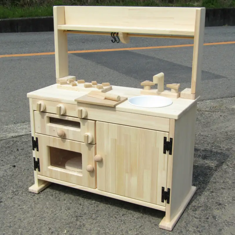 手作り木製「棚付」魚焼きグリル付きままごとキッチン ＧＨＫ－Ｒ　素材色バージョン