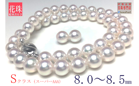 真珠 8.0～8.5ミリ ネックレス ピアス セット / あこや パール アクセサリー ジュエリー 本真珠 伊勢志摩 志摩 ギフト 贈答 プレゼント 記念日 母の日 入学式 卒業式 結婚式 冠婚葬祭 成人祝い 結婚祝い 冠婚葬祭 弔事 / 老舗の真珠専門店・花珠鑑別書付きアコヤ真珠ネックレスセット(ピアスセット)