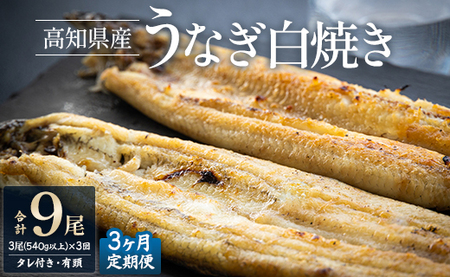【3カ月定期便】高知県産鰻の白焼き180～210ｇ×3尾 合計9尾 エコ包装 - 鰻 ウナギ 有頭 つまみ ご飯のお供 たれ 簡易包装 Wyw-0080