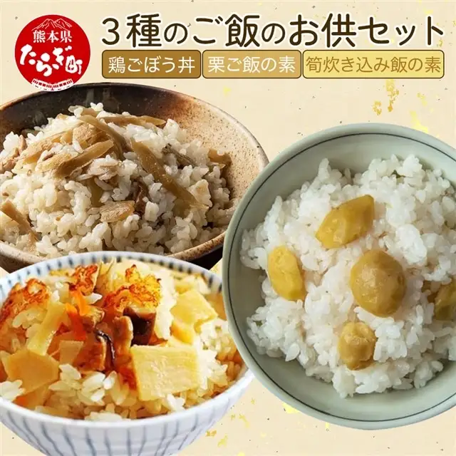 3種のご飯のお供セット ＜ 鶏ごぼう丼・栗ご飯の素・筍炊き込み飯の素 ＞ 【 手軽 簡単 常備 備蓄 常温保存 混ぜご飯 素 具材 たけのこ 栗 ごぼう 熊本県 多良木町 】096-0007