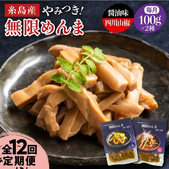 【全12回定期便】【国産】無限 めんま 100g × 2種 食べ比べ セット ( 醤油味 / 四川山椒味 ) メンマ 糸島市 / 株式会社竹次郎 [AWJ010]
