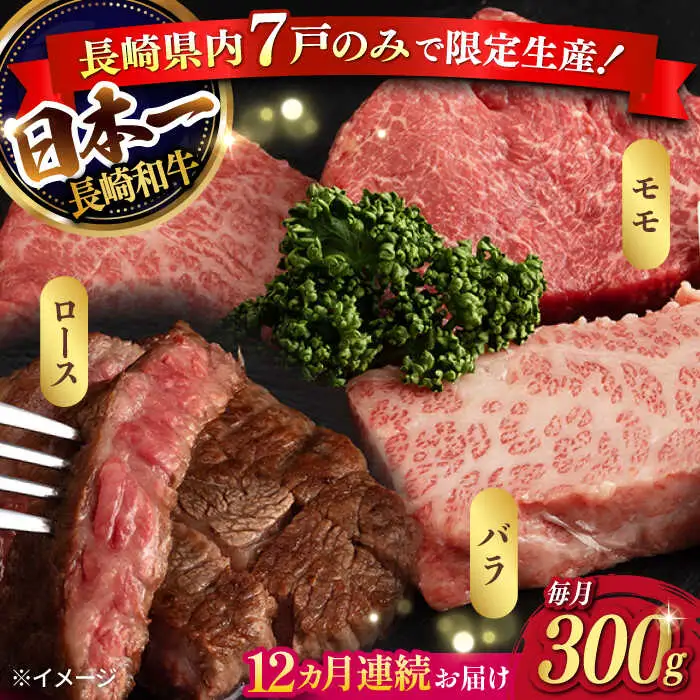 【12回定期便】【限定生産】ステーキ 3種盛り 長崎和牛 出島ばらいろ（300g/回）【肉のマルシン】 [FG19] 肉 牛肉 ロース カルビ モモ 赤身 ステーキ 焼肉 定期便
