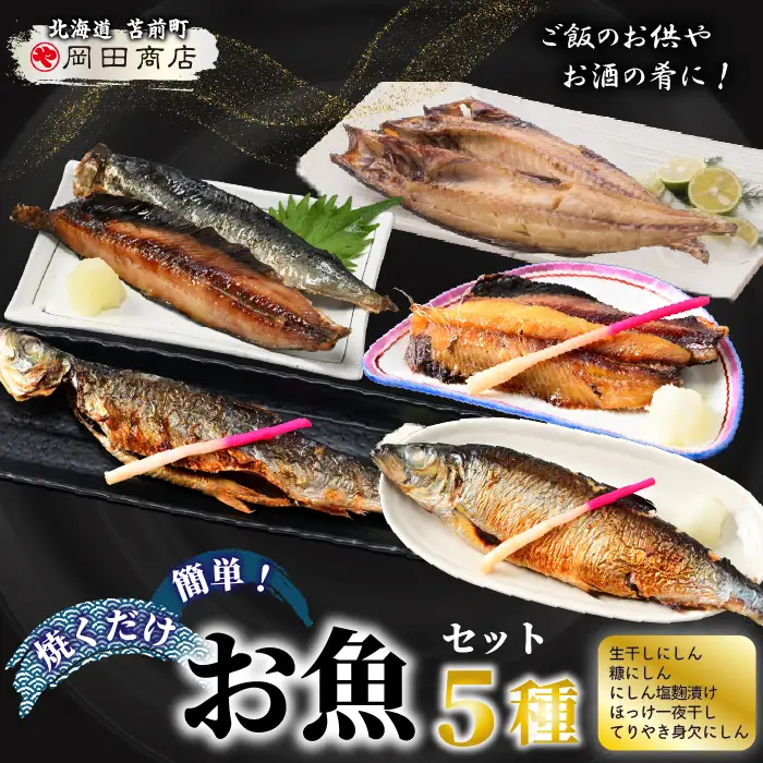 焼くだけ簡単！丸や岡田商店お魚セット 5種 ニシン ホッケ 糠漬け 塩麹 一夜干し おかず 海鮮 ニシン にしん 鰊 ほっけ つまみ 肴 北海道 苫前町 とままえ mar08