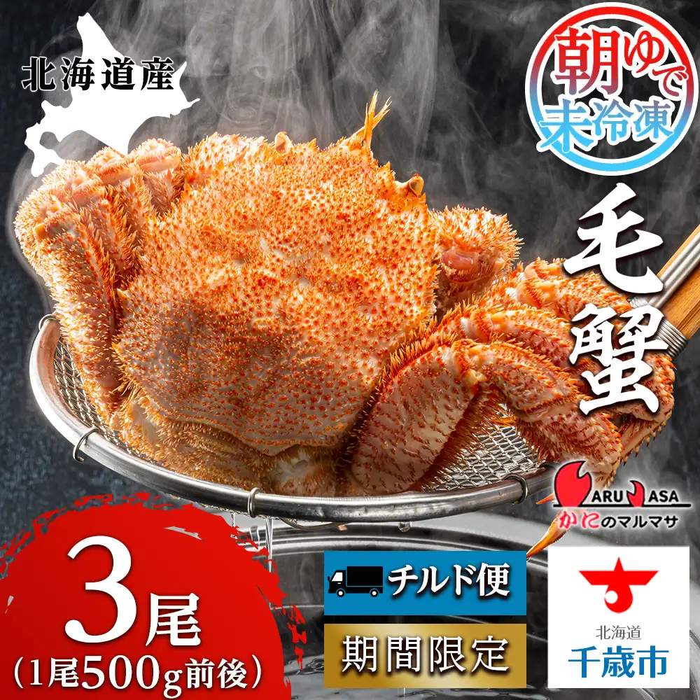 北海道産【朝ゆで】毛ガニ（500g前後）3尾 期間限定！＜かにのマルマサ＞ かに 毛がに カニ 千歳 北海道 海鮮