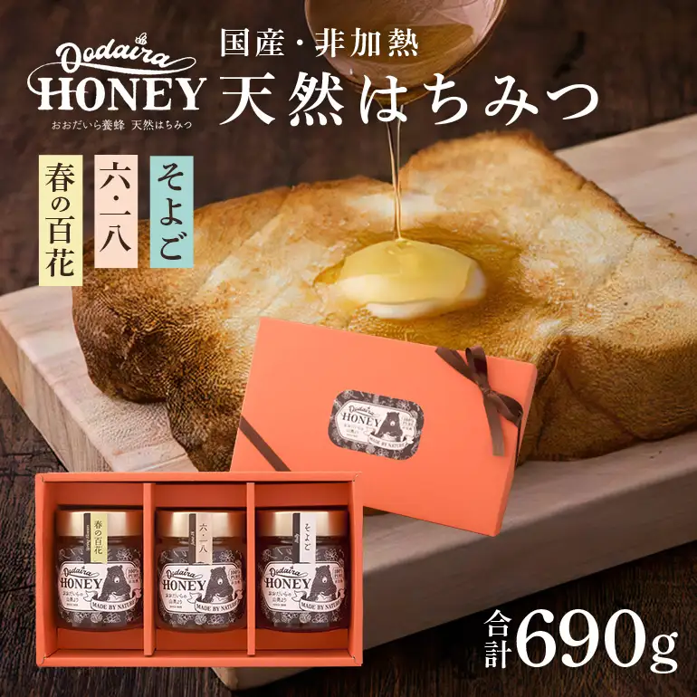国産天然 非加熱はちみつ 230g 3本セット「春の百花」「6.18」「そよご」