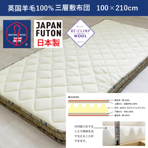 綿100%ニット生地 英国羊毛100%わた入三層敷布団(SL) ブルー K04K732725SMB｜羊毛敷布団 冬 あったか 夏 心地よい 保温 吸湿 発散性 [4312]