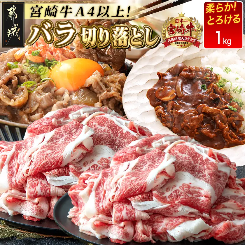 宮崎牛バラ切り落とし1kg〔MJ-2511〕_(都城市) A4ランク A4等級 国産黒毛和牛 都城産宮崎牛 ブランド牛肉 牛バラ切り落とし (500g×2パック) 合計1kg すき焼き 牛丼などに 冷凍保存