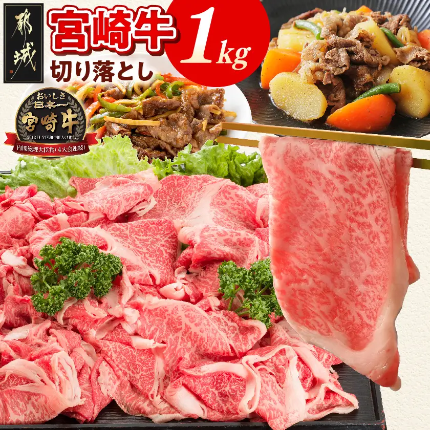宮崎牛切り落とし1kg〔18-6401〕_(都城市) 500g×2パック 計1キロ 冷凍保存可 牛モモ肉 牛バラ肉 ミックス 肉じゃが カレー 炒め物 すき焼きなどに 国産黒毛和牛