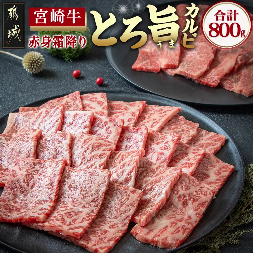 宮崎牛赤身＆霜降り【とろ旨カルビセット】800g〔22-6506〕_(都城市) 牛肉 牛もも焼肉用(500g) 牛肩ロース焼肉用(300g) 合計800グラム 焼き肉用カット 鉄板焼き BBQ 牛モモ肉 霜降り肉 ギフト 贈答用