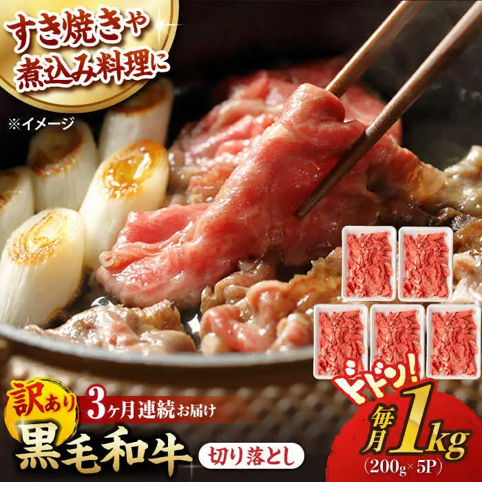 【第3回定期便】【訳あり】 切り落とし 1.0kg (200g×5) 長崎和牛 黒毛和牛 【夢ファームシュシュ】 [WF38] 肉 牛肉 しゃぶしゃぶ すき焼き 訳アリ ワケあり 定期便