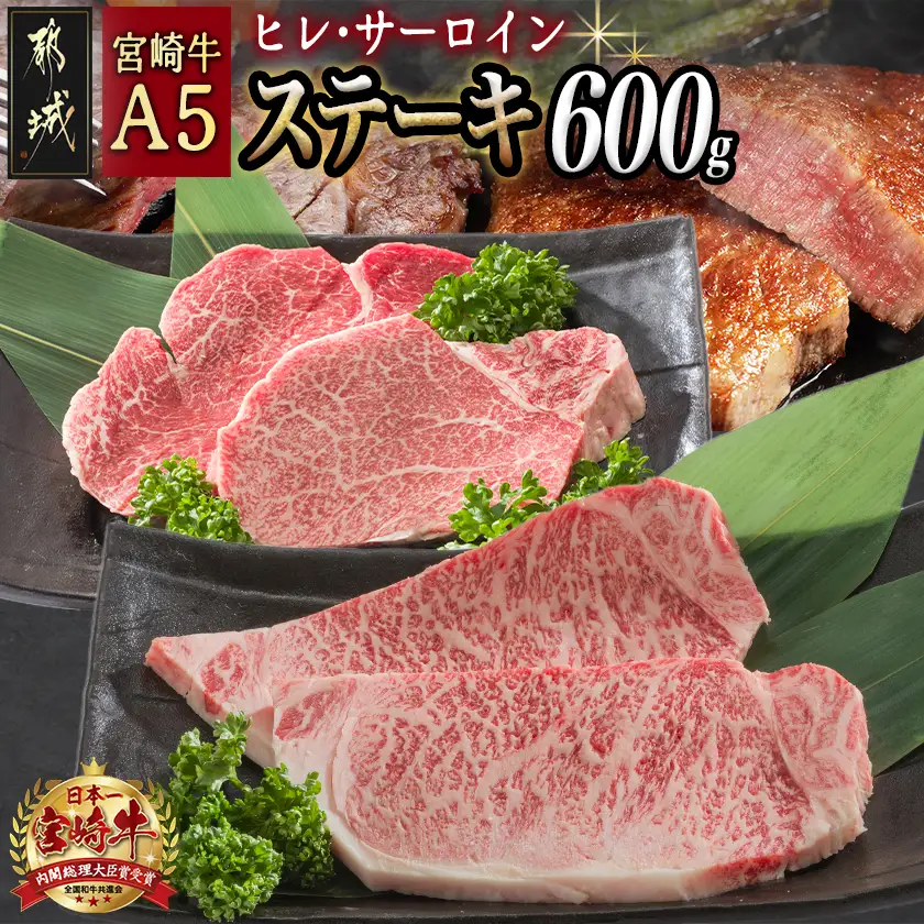 宮崎牛(A5)ヒレ&サーロインステーキ600g〔MB-0125〕_(都城市) 牛肉 牛サーロインステーキ肉 (200g×2枚) 牛ヒレステーキ肉(100g×2) 合計600グラム 食べ比べ 贅沢ディナー Ａ5ランク 5等級 ギフト 贈答用
