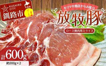 北海道釧路市産チョコレートポーク【放牧豚】モリマサ商店放牧豚ロース焼き肉用スライス 計600g（300g×2）