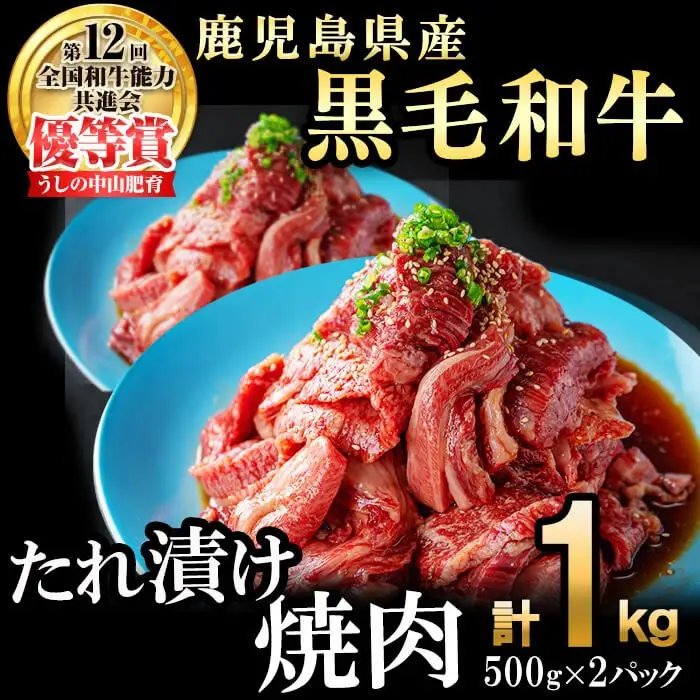 【数量限定】鹿児島県産黒毛和牛 うしの中山 タレ漬け焼肉用 計1kg(500g×2P) 黒毛和牛 和牛 肉 牛肉 国産 九州産 鹿児島県産 焼肉 BBQ 味付け肉 たれ漬け 日本一 c0-123