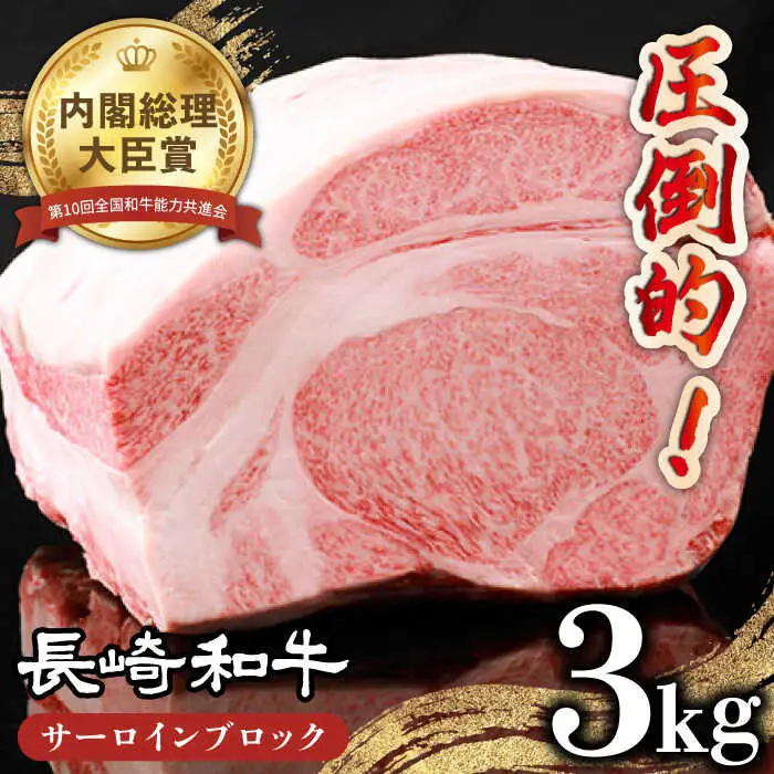 【内閣総理大臣賞受賞】長崎和牛 サーロインブロック 約3kg / ステーキ肉 サーロインステーキ / 南島原市 / 島原雲仙農業協同組合 [SES001]