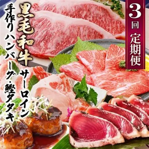 定期便(3回配送)枕崎お楽しみ便(黒毛和牛・かつおetc) LL-6008_ 黒毛和牛 かつお 黒豚 さつま揚げ サーロイン ハンバーグ 定期便 食べ比べ 鹿児島 枕崎 セット 冷凍 _【配送不可地域：離島】【1462817】
