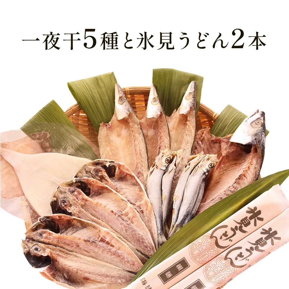 氷見 堀与おすすめ一夜干5種と氷見うどん2本 富山県 氷見市 干物 詰め合わせ 食べ比べ セット うどん