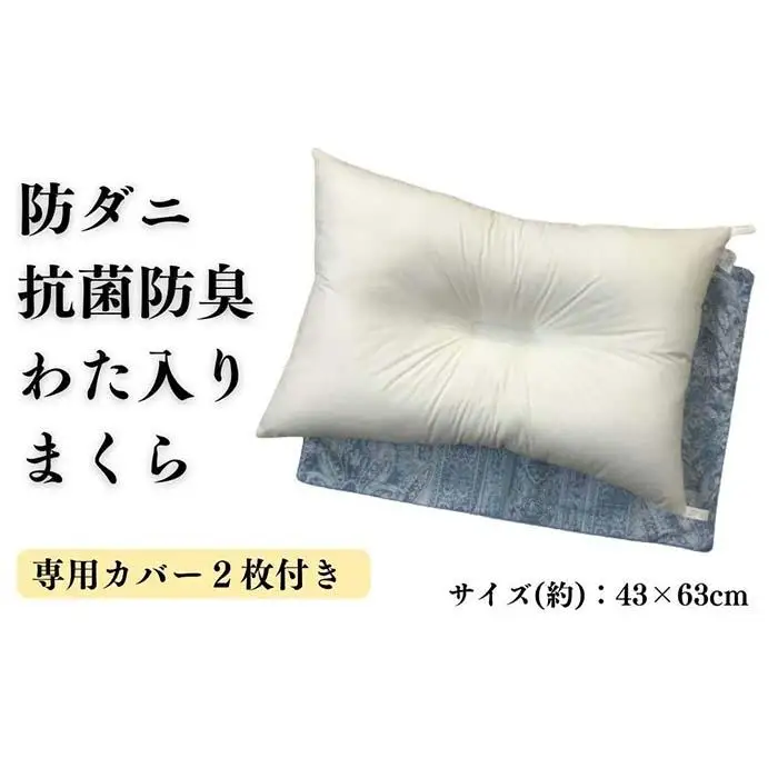 《防ダニ抗菌防臭わた入り 洗える枕 カバー2枚付 ブルー》防ダニBLリーブ
