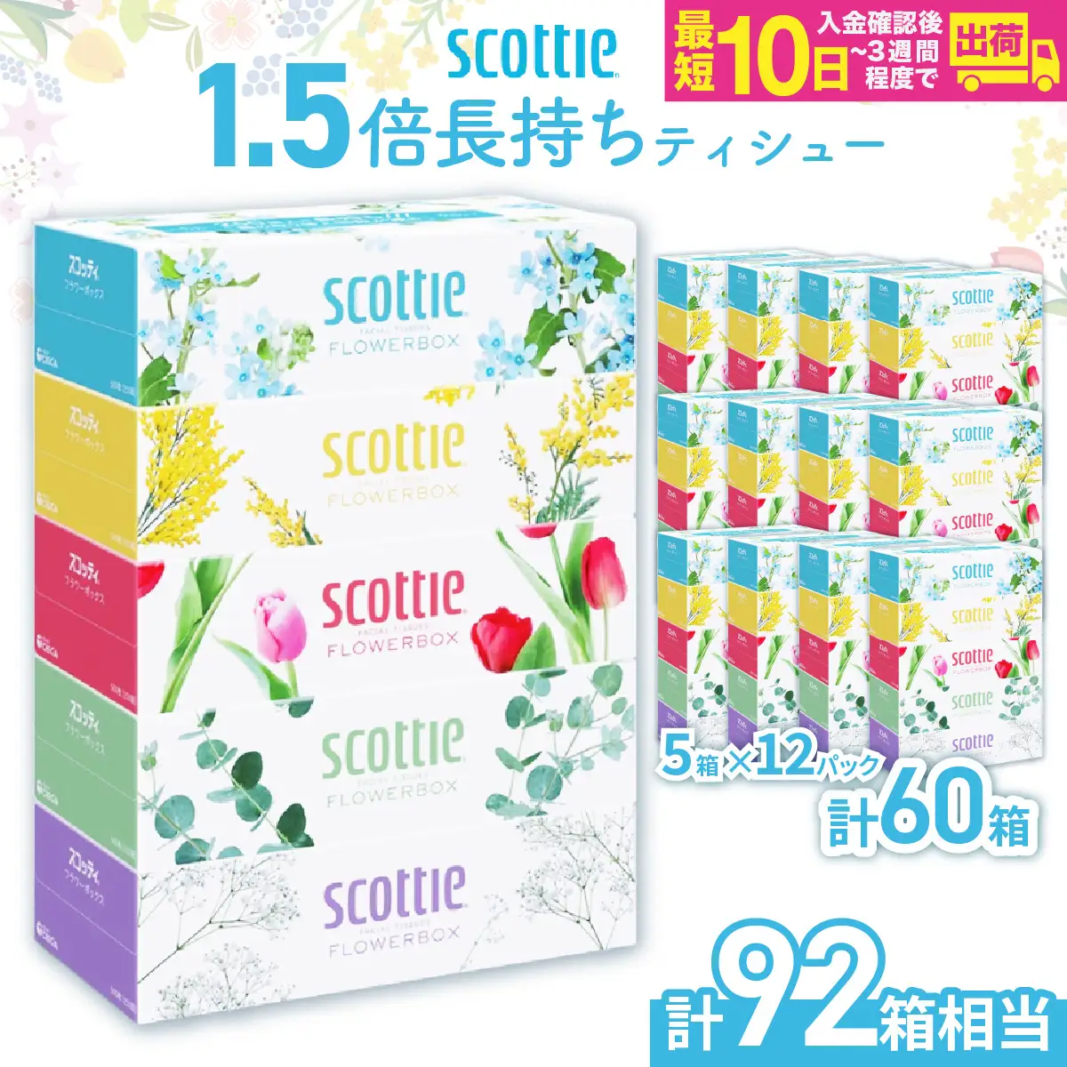 ティッシュ スコッティ フラワーボックス 250組 60箱 5箱×12ﾊﾟｯｸ