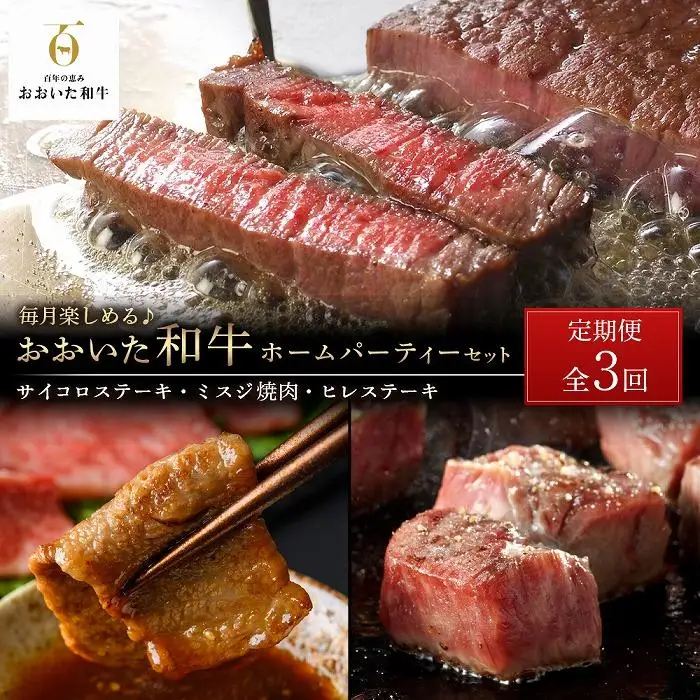 ＜定期便 全3回＞毎月楽しめる♪おおいた和牛【総計1.6kg！】ホームパーティー セット（ヒレステーキ・ミスジ焼肉・サイコロステーキ）