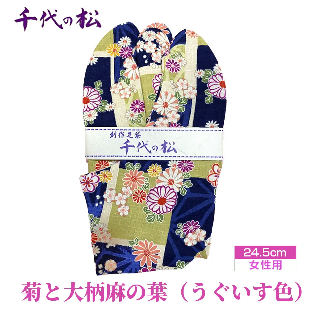 菊と大柄麻の葉（うぐいす色）（女性用：24.5cm） No.375-03