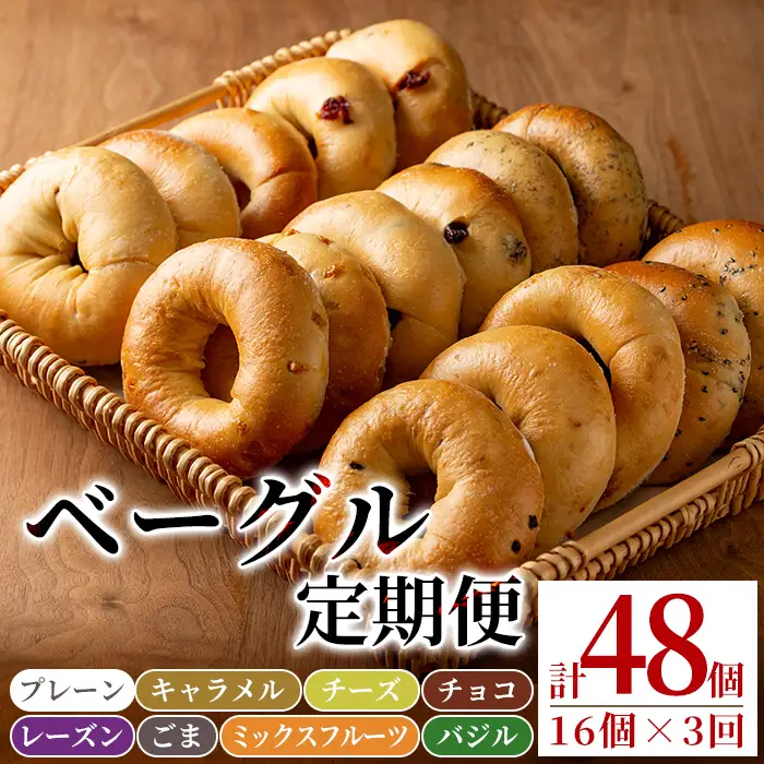isa247 【定期便・全3回(3ヶ月連続)】ベーグル(総計48個・16個＜8種各2個＞×3回)パン 国産 焼きたて 急速冷凍 ベーグル プレーン レーズン チョコ キャラメル ごま チーズ ミックスフルーツ 8種 セット 詰合せ【工房あけぼの】