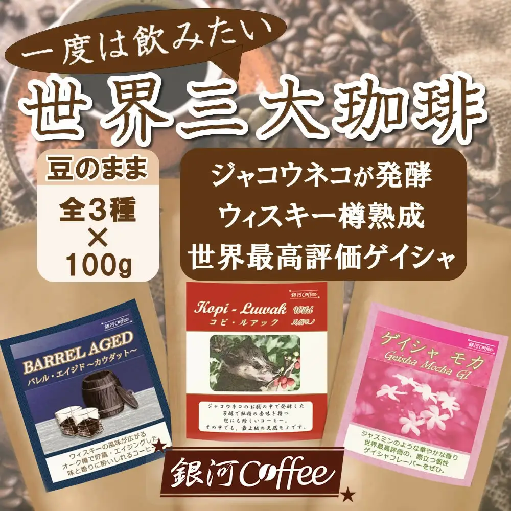 【12203-0103】生涯で飲みたい 世界３大珈琲(豆のまま)100g×3種 銀河コーヒー 
