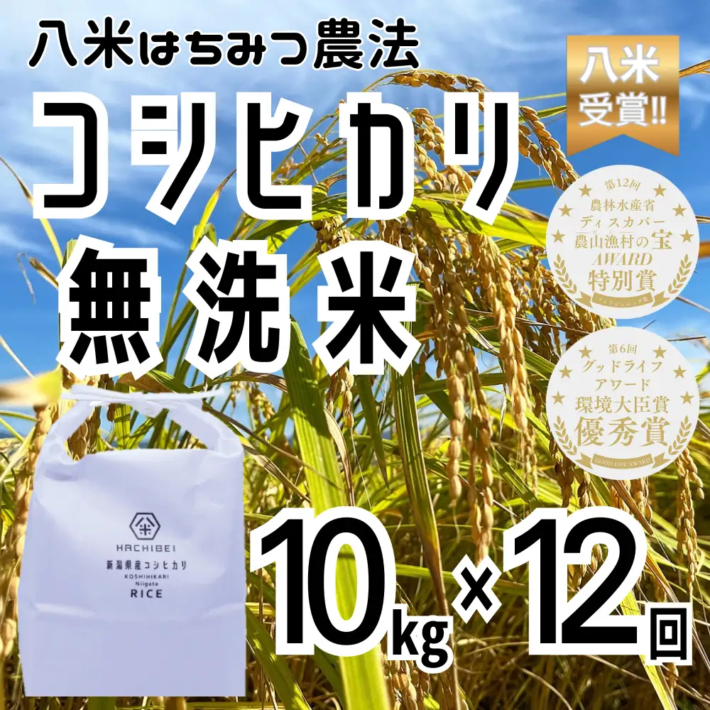 【令和8年産新米予約】【環境大臣賞受賞】【特別賞受賞】12ヶ月定期便 無洗米 コシヒカリ 10kg×12回 計120kg  農家直送 ほんのり甘い「はちみつ農法」 白米 精米 HACHIBEI 八米新潟県 米 こめ コメ 新米  新米予約 令和8年産 10月中旬より順次発送予定1L18317