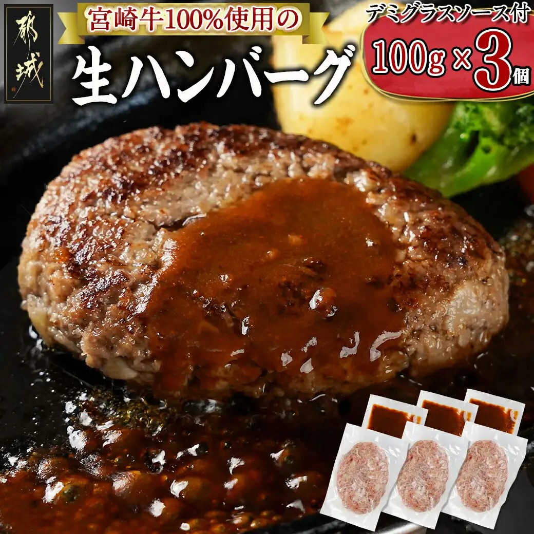 宮崎牛100％使用の生ハンバーグ≪100g×3個≫〔AA-7702〕_(都城市) 都城産宮崎牛 オリジナル手作り生ハンバーグ 手作業 自慢 お店の味 デミグラスソース
