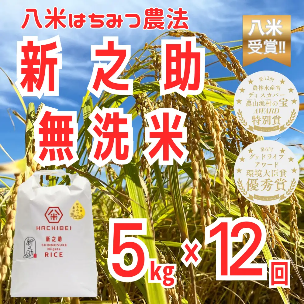 【12か月定期便】新之助 無洗米 5kg×12回 令和8年産 はちみつ農法 八米｜新潟県産 新之助 定期便 米