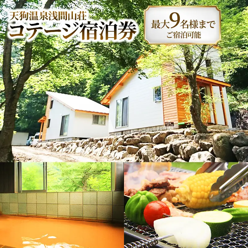 【赤褐色の秘湯入浴券付】天狗温泉浅間山荘ロフト付きコテージ宿泊券 旅行券 9名分 食事なし 