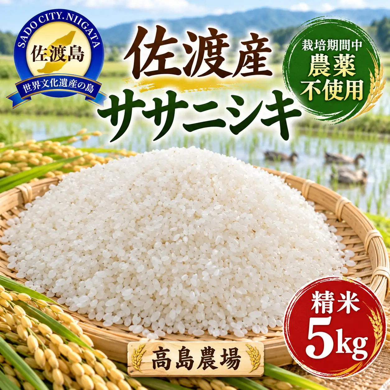 米 精米5kg 高島農場 農薬不使用 | ササニシキ 新潟県 佐渡市
