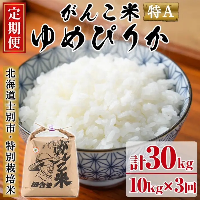 【E7036】＜令和7年産 先行予約！＞《定期便・全3回》田舎塾特別栽培米「がんこ米ゆめぴりか」(10kg×3回・計30kg) 【2025年10月中旬以降順次発送】 米 お米 白米 北海道産 北海道米 ゆめぴりか 特A 一等級 ごはん おこめ コメ 単一原料米 定期便 【田舎塾】