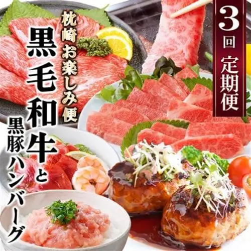 定期便【3回配送】枕崎お楽しみ便(A5黒毛和牛・黒豚ハンバーグ・かつお丼)LL-6037_肉 すき焼き 牛肉 すきやき スキヤキ  肉 焼肉 牛肉 やきにく ヤキニク バーベキュー  肉 黒毛和牛 牛肉   肉 もつ鍋 牛肉 鍋 鍋セット  肉  豚肉   肉 ハンバーグ 豚肉   魚介・海産物 カツオ 鮮魚 かつお 鰹  惣菜・加工品 肉 鍋 なべ ナベ  定期便 定期便  _【配送不可地域：離島】【1473519】