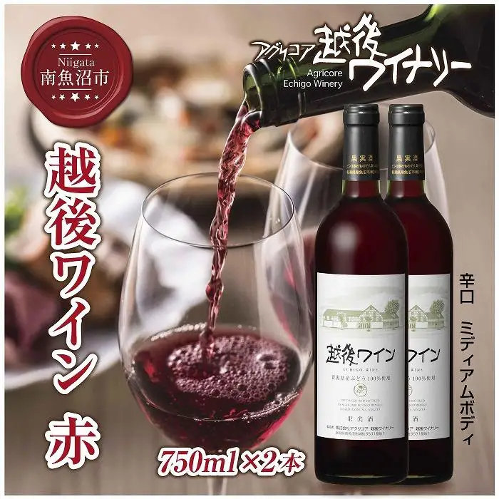越後ワイン 赤 750ml 2本セット アグリコア  越後ワイナリー  新潟県産 ぶどう100%使用  辛口 ミディアムボディ アルコール12% 国産ワイン 魚沼ワイン 送料無料 新潟県 南魚沼市