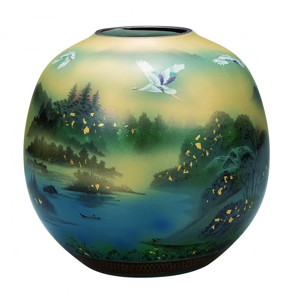 九谷焼　8号花瓶　金箔鶴山水 a05