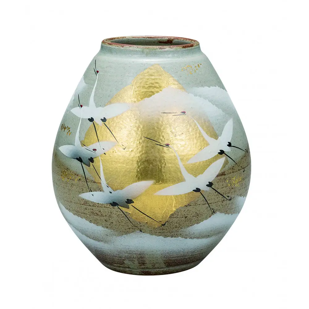 九谷焼　7.5号花瓶　金箔群鶴　山田登陽志 a05
