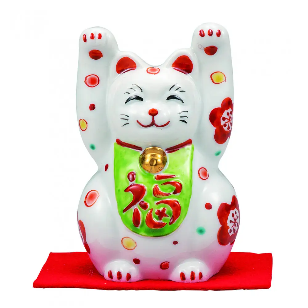 九谷焼　3号両手招き猫　花文（敷物付） a05