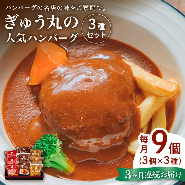 【定期便】 ハンバーグ ぎゅう丸ハンバーグ3種総計27個 NCQ101 全3回