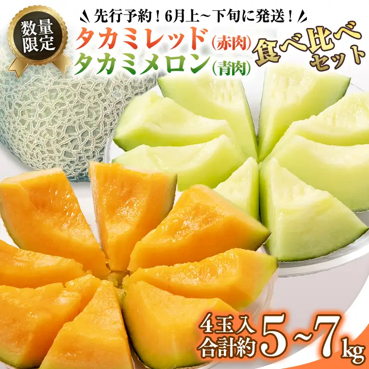 タカミレッド（赤肉）・タカミメロン（青肉）食べ比べ 2色 セット 合計4玉入り（約5kg～7kg）【2027年6月上旬以降発送】  期間限定 産地直送 農家直送 果物 フルーツ メロン タカミ たかみ 貴味 レッド 甘い 4玉