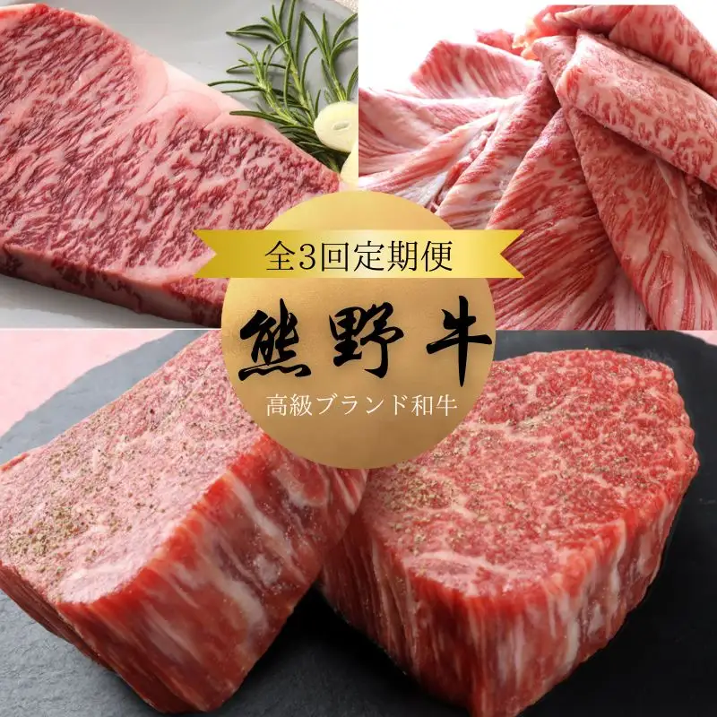 【3か月定期便】＼A4以上の高級和牛 「熊野牛」を3か月連続でお届け！／  (霜降りローススライス・霜降り赤身こま切れ・ヒレシャトーブリアンステーキ＆霜降りサーロインステーキ) / 国産 肉 牛肉 和牛 黒毛和牛 焼肉 ステーキ すき焼き しゃぶしゃぶ【tkb312】