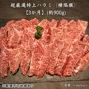 定期便 3ヶ月 厳選 特上 ハラミ (横隔膜) 各回合計約900g【雲龍焼肉たれ付】  岡山県産 牛肉