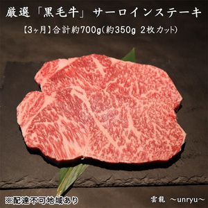 定期便 3ヶ月 厳選 黒毛和牛 サーロイン ステーキ 各回合計約700g 雲龍焼たれ付 岡山県産 サーロイン