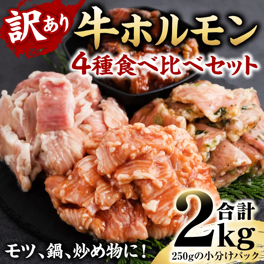 【訳あり】牛ホルモン 食べ比べ セット 4種 計2kg  牛肉 味付き ホルモン モツ 鍋 炒め物 お惣菜 おつまみ 冷凍パック 小分けパック