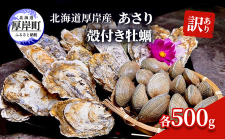 訳あり 北海道 厚岸産 砂抜き済み あさり & 殻付き 牡蠣  各500g 【光輝】 [ 魚貝類 海鮮 海の幸 みそ汁 酒蒸し アサリバタ 産地直送 生食用牡蠣 生食用 牡蠣 カキ ］